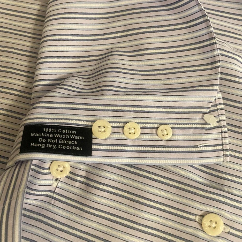 David Donahue Shirt Mens Large Blue White Pink Stripe Trim Fit Dress Monogrammed - Picture 10 of 12